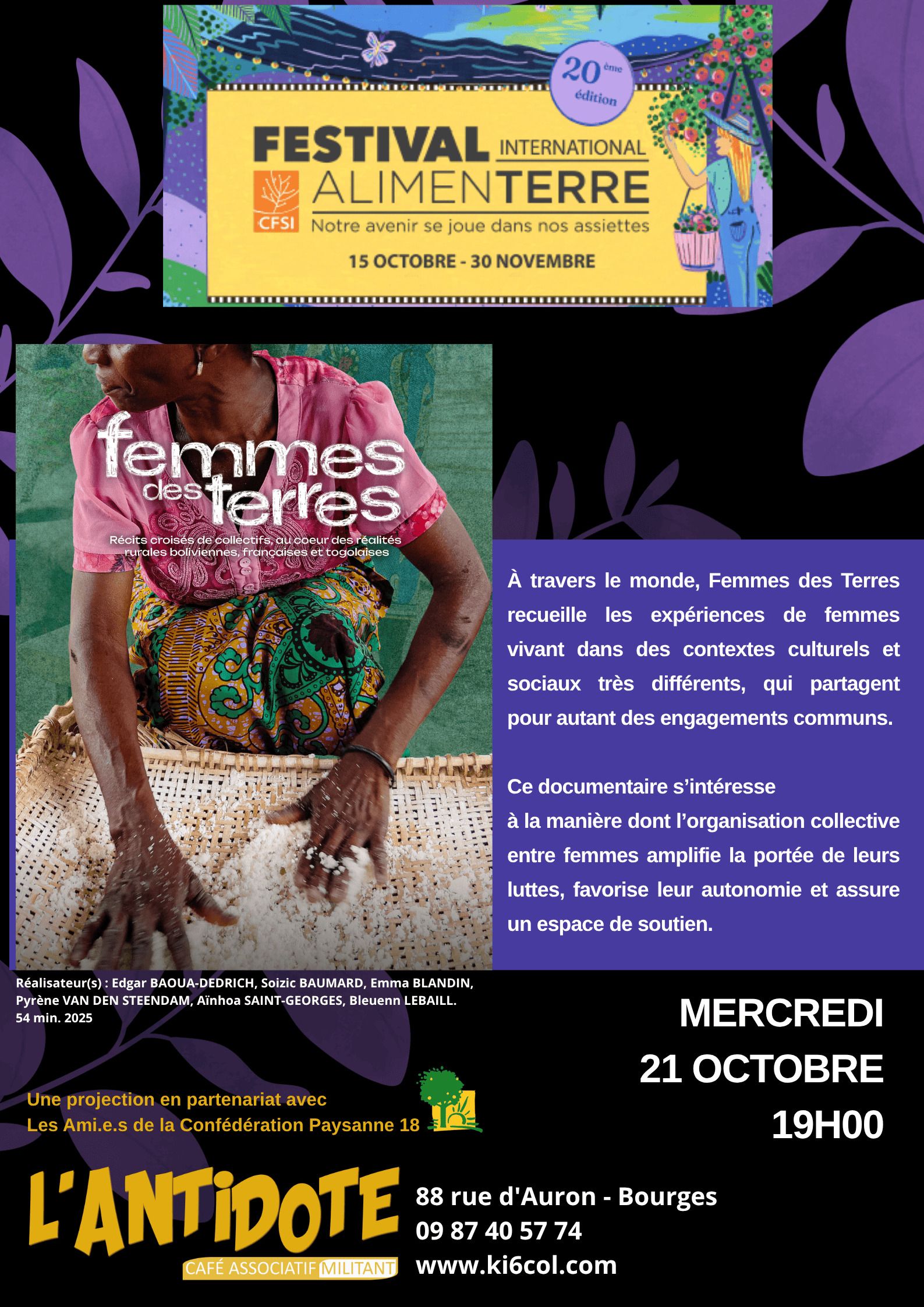 PROJECTION DU FESTIVAL ALIMENTERRE. En partenariat avec les Ami.e.s de la Confédération paysanne 18