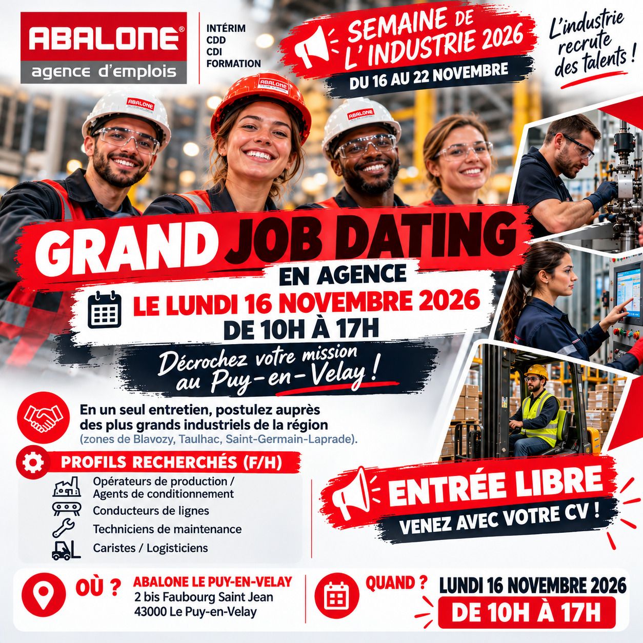 Job Dating Industrie : Décrochez votre mission au Puy-en-Velay !