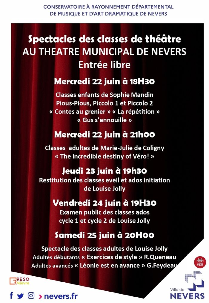 Spectacles des classes de théâtre du conservatoire de musique et d'art dramatique.