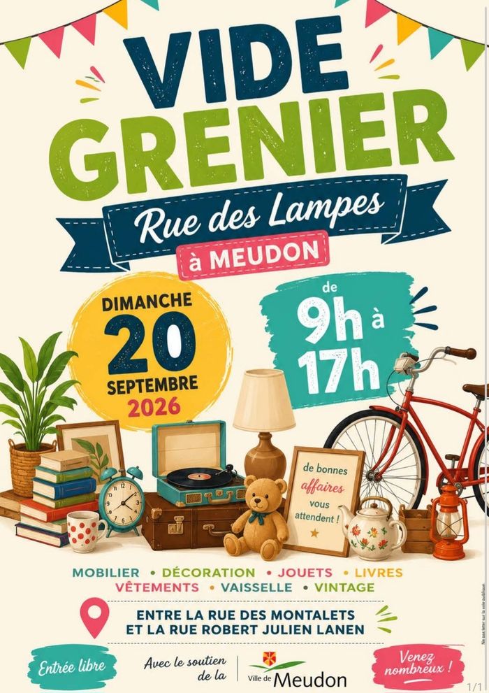 Vide Grenier de la Rue des Lampes à Meudon, le dimanche 20 septembre 2026, de 9h00 à 17h00.