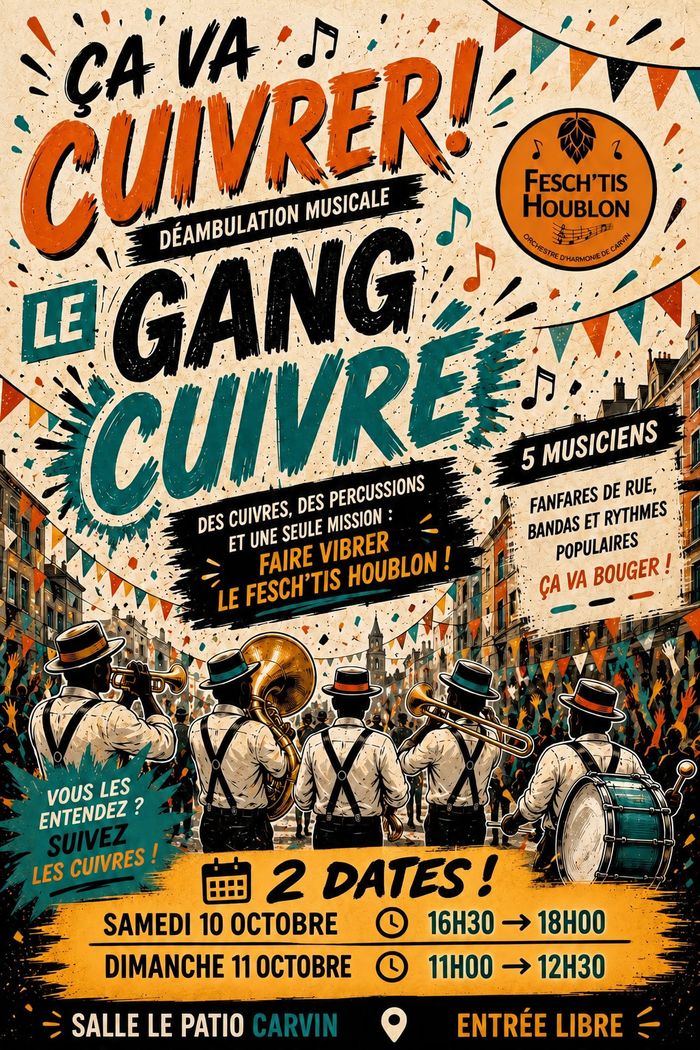 Préparez-vous à vibrer au rythme des cuivres et des percussions !  Composé de 5 musiciens, le Gang Cuivré déambulera au cœur du Patio pour un moment musical festif, populaire et plein d’énergie.