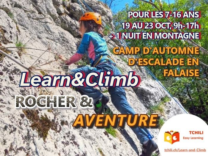 Camp d'escalade d'automne Learn&Climb, grimpe en falaise pour Kids&Teens 7-11 | 12-16 ans. RDVs à Lancy et à Vernier