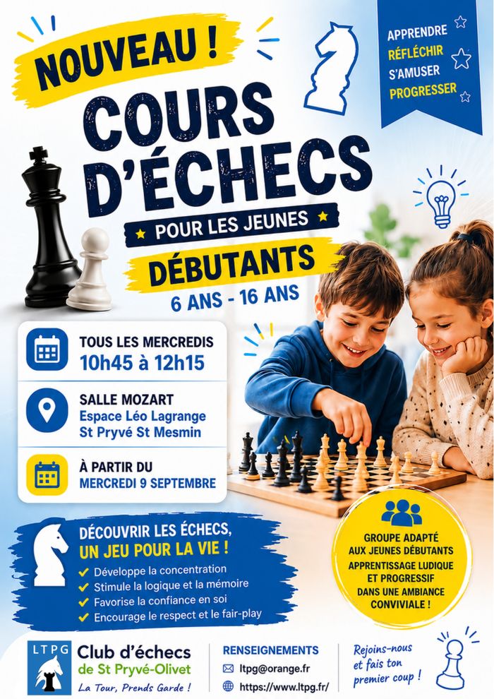 Ouverture de cours d'échecs jeunes débutants à St Pryvé-St Mesmin