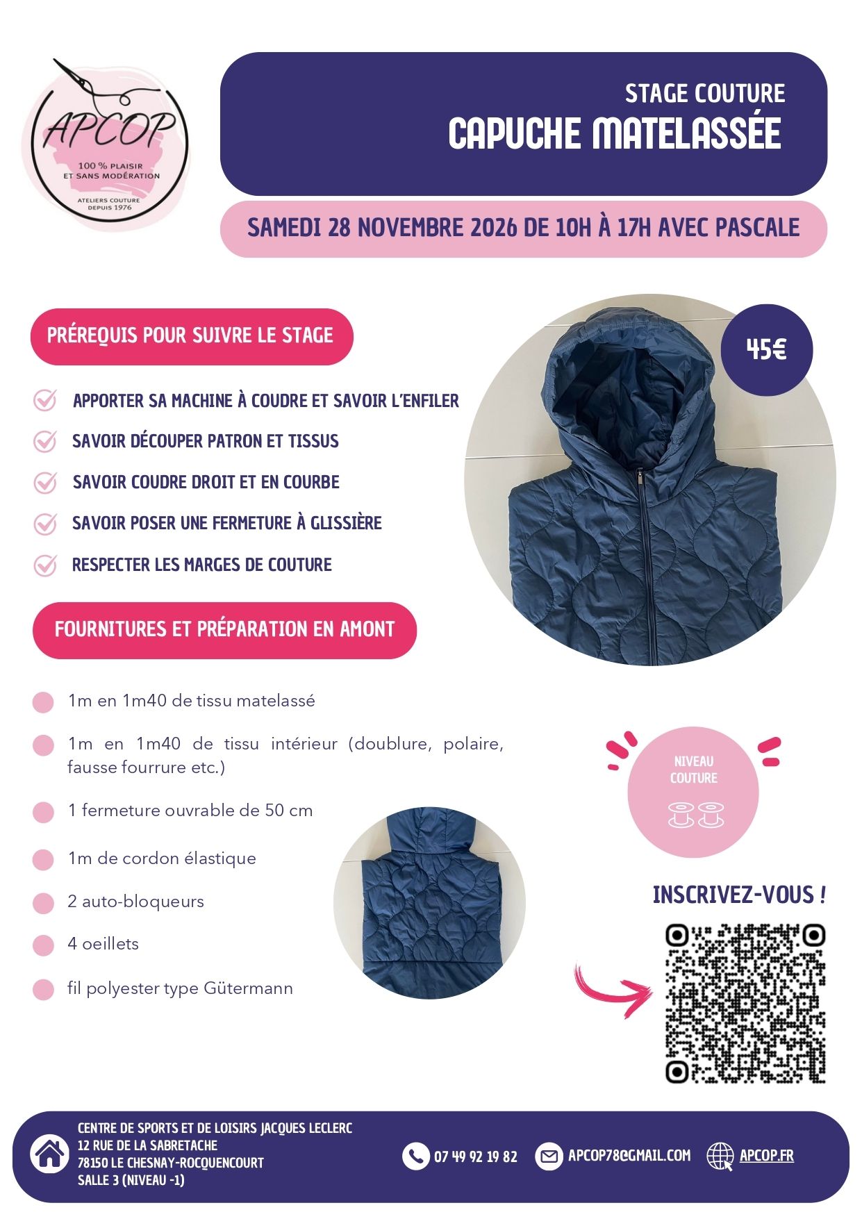 Stage de couture : Capuche matelassée
