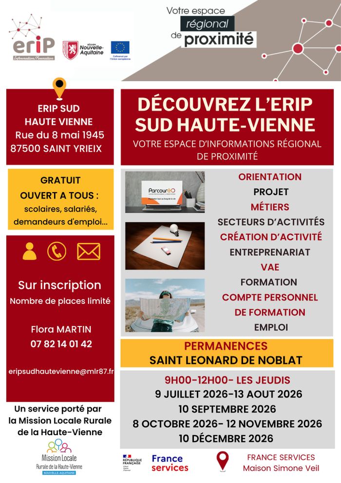 Venez rencontrer l'Erip sud haute vienne, pour des informations sur l'emploi, les formations, les métiers.
