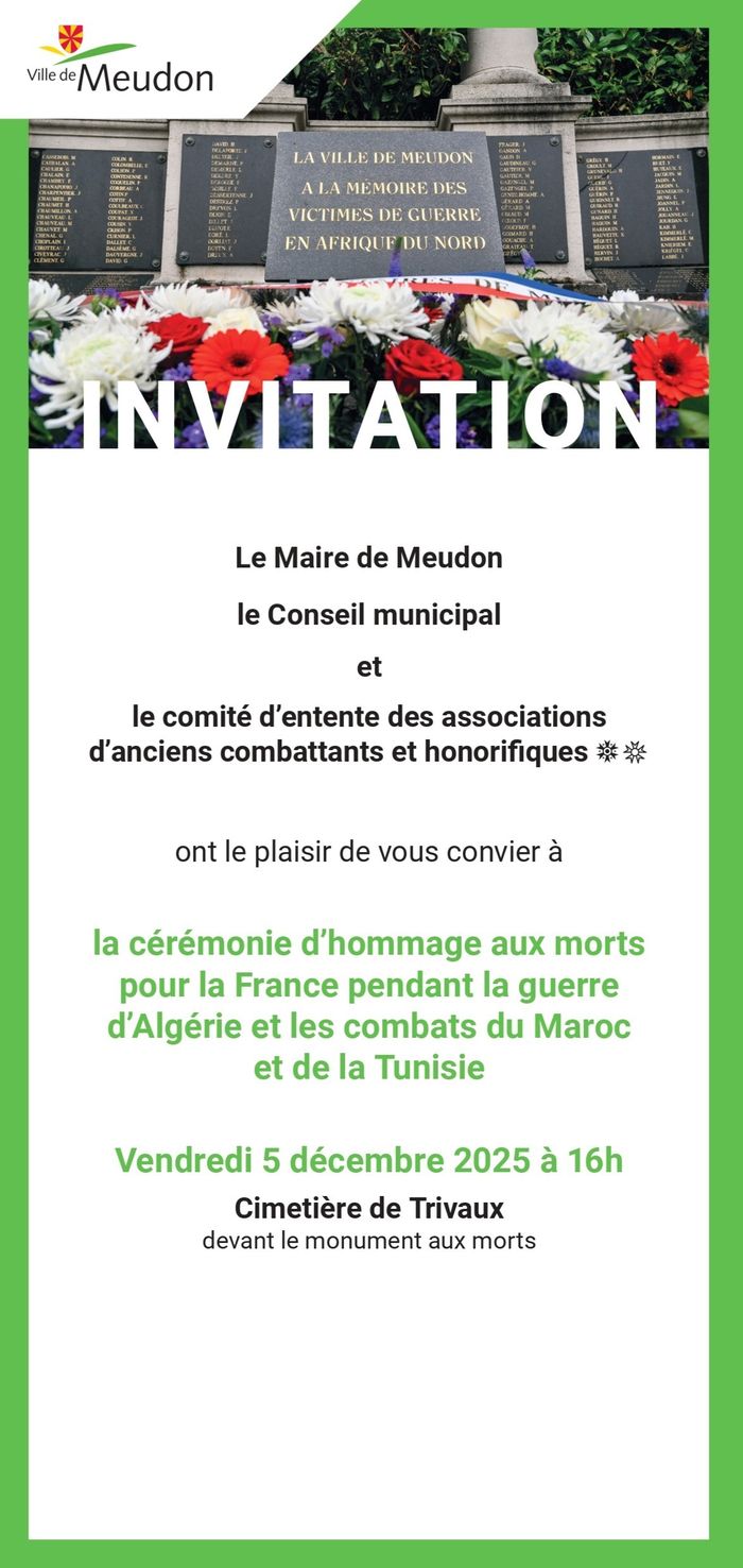 Participez à la cérémonie d’hommage aux morts pour la France en Algérie, au Maroc et en Tunisie le vendredi 5 décembre à 16h au cimetière de Trivaux.