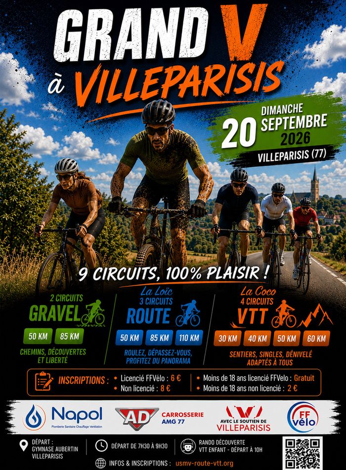 L'USMV Cyclotourisme vous donne rendez-vous le dimanche 20 septembre 2026 pour une nouvelle édition du Grand V à Villeparisis.