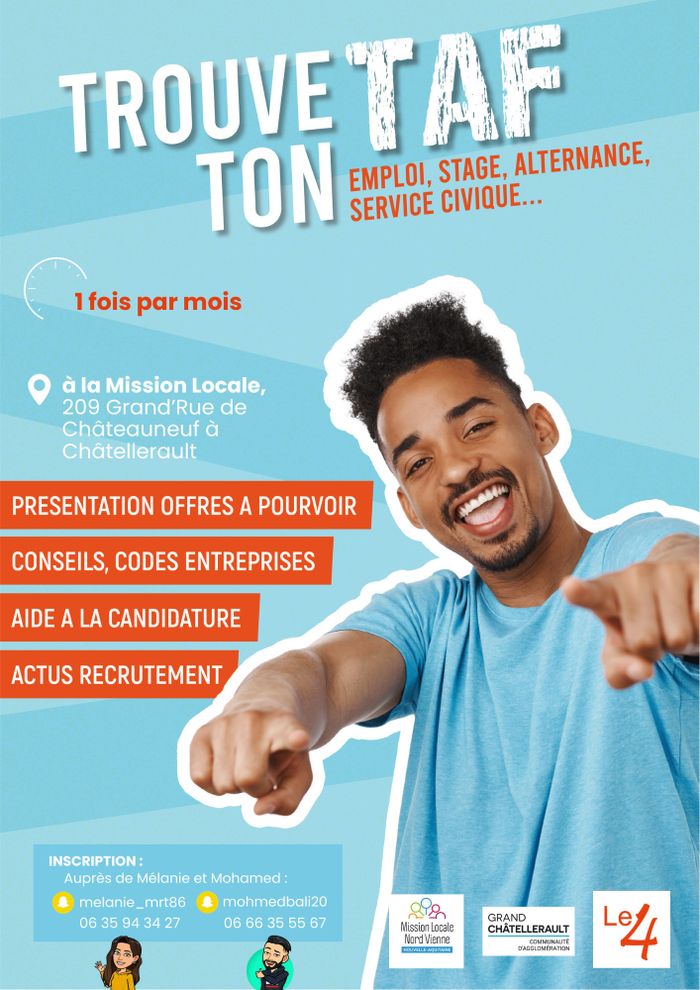 La Mission locale Nord Vienne organise un atelier « Trouve ton taf » le 24 juillet 2024, de 14h à 17h, à Châtellerault.