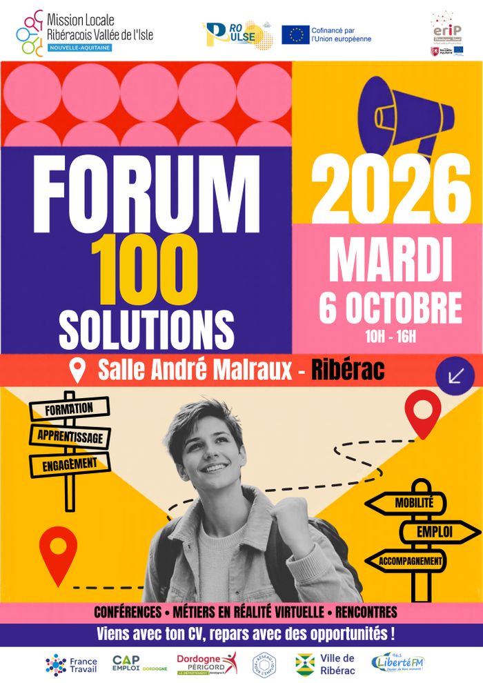 Le Forum 100 Solutions réunit les acteurs de l’emploi, de la formation, de l’orientation et de l’accompagnement pour vous aider à trouver des solutions et construire votre projet.