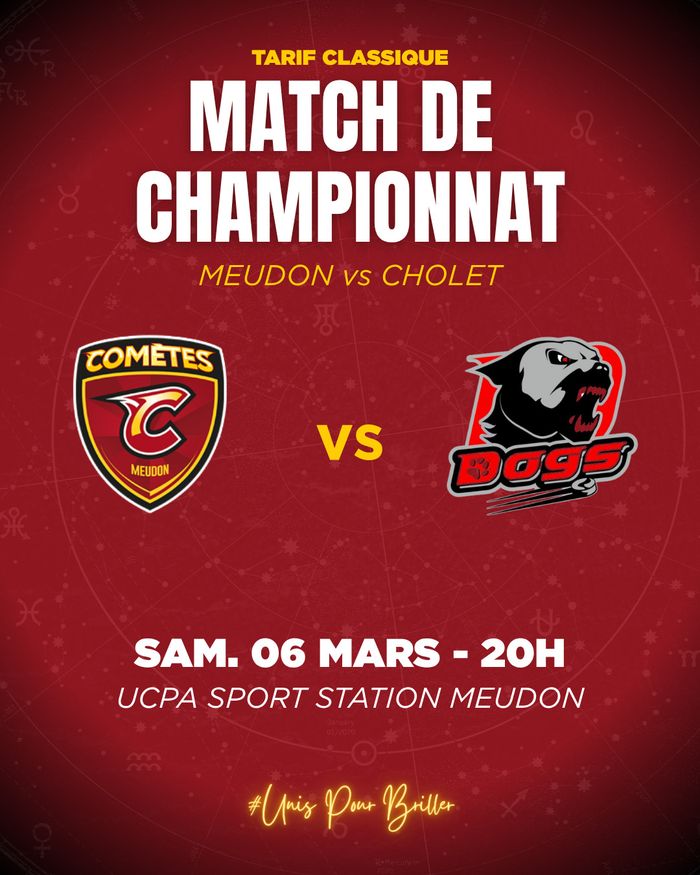 Samedi 6 mars à 20h, les Comètes jouent contre Cholet. On compte sur vous pour venir soutenir les Meudonnais à l'UCPA ! 🔥