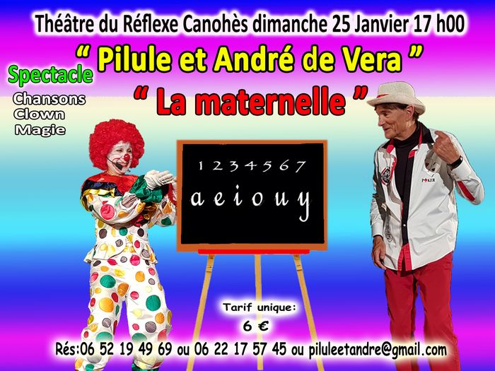 Pilule et André de Vera un joyeux spectacle interactif pour enfants de 2 à 6 ans sous forme de comédie musicale, chansons, magie, clown, ventriloquie.