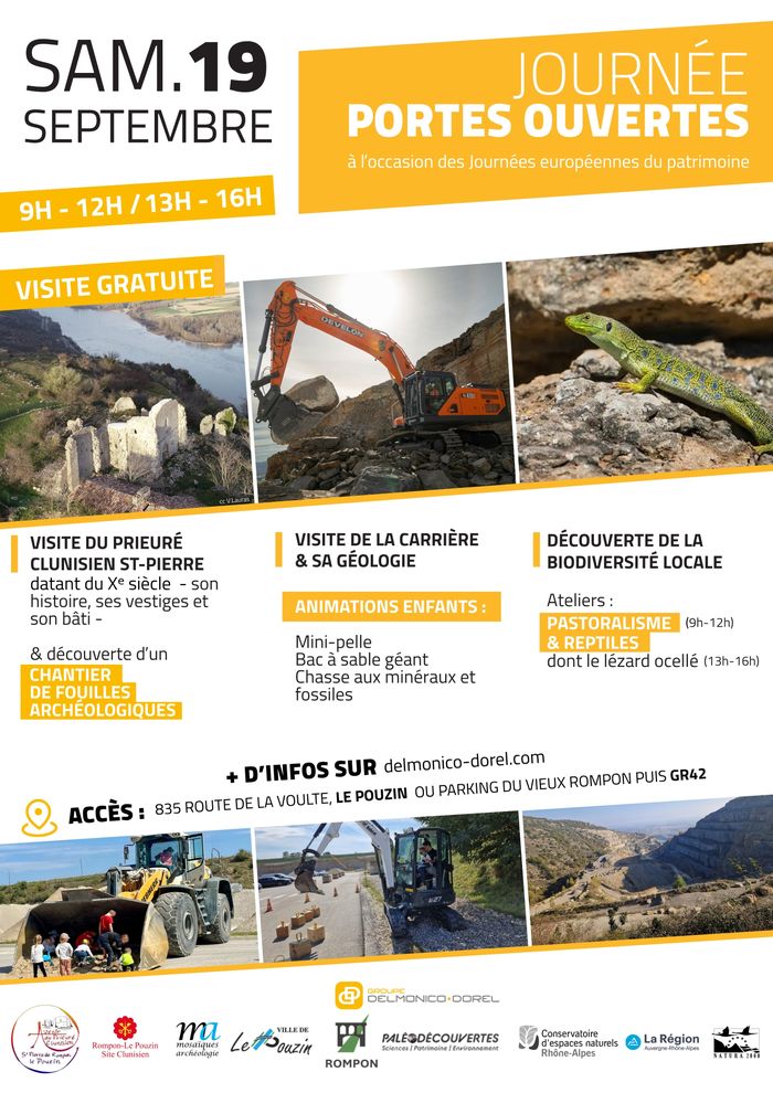 Affiche — Carrière du Pouzin - Prieuré Clunisien du Xe siècle - chantier de fouilles archéologiques - activités enfants & biodiversité : le site varié du Pouzin