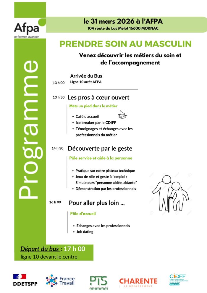 Venez découvrir de nombreuses opportunités dans les métiers du soin et de l'accompagnement lors d'une action conçue spécialement pour les hommes, à l'AFPA de Mornac.