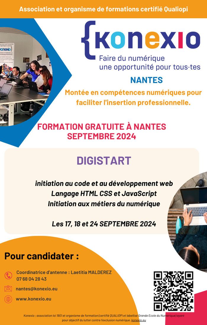 PROCHAINE formation GRATUITE d’initiation au code et aux métiers du numérique DE 18 HEURES à NANTES