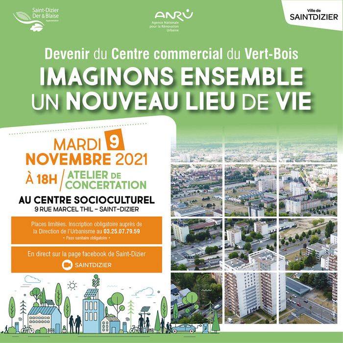 Un atelier de concertation est proposé le mardi 9 novembre 2021 à 18h au Centre socioculturel pour imaginer le devenir du centre commercial du Vert-Bois.