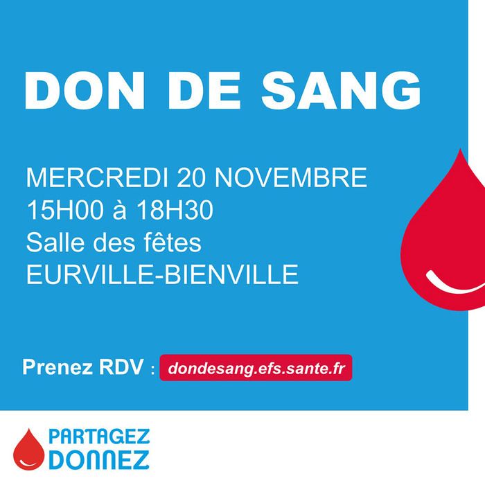 Participez à une collecte de sang pour sauver des vies. Rendez-vous le mercredi 20 novembre à Eurville-Bienville.