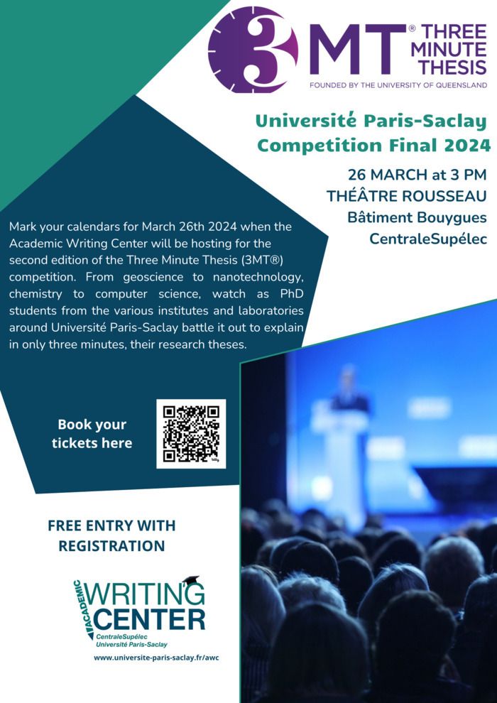 L'Academic Writing Center (AWC) de l'Université Paris-Saclay organise la deuxième édition du concours Three Minute Thesis (3MT®).