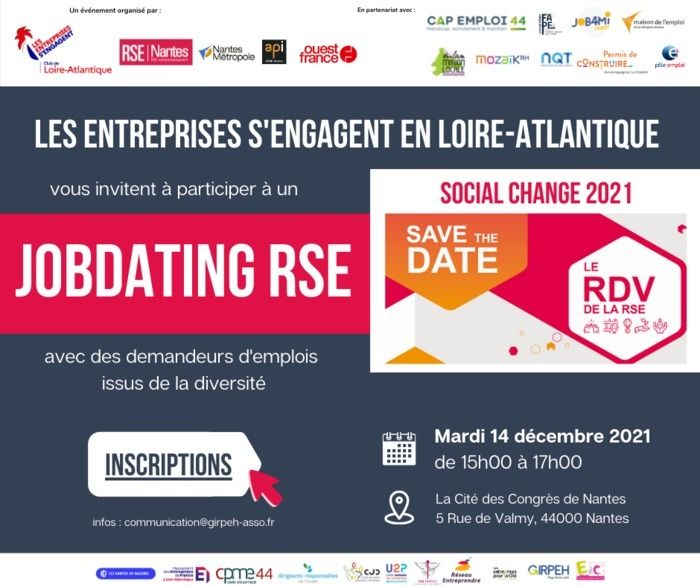 Le Club « Les entreprises s’engagent en Loire-Atlantique » organise un jobdating RSE, « tous secteurs d’activités » avec des demandeurs d’emplois issus de la diversité, le 14 décembre 2021.