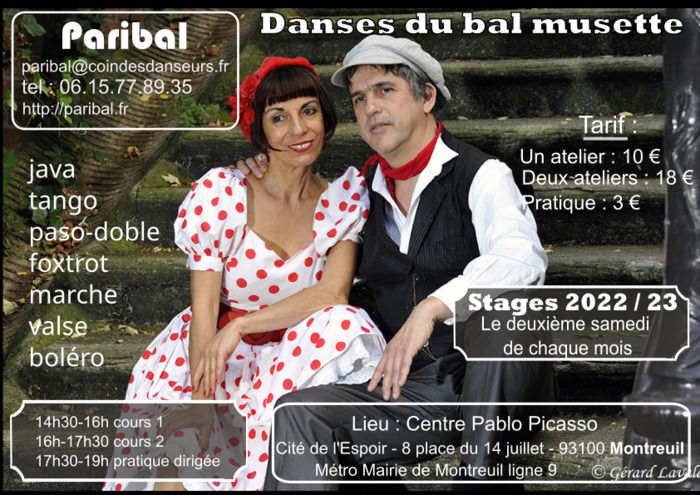 Stages avec deux cours de danses de bal musette de 1h30 et une pratique dirigée.