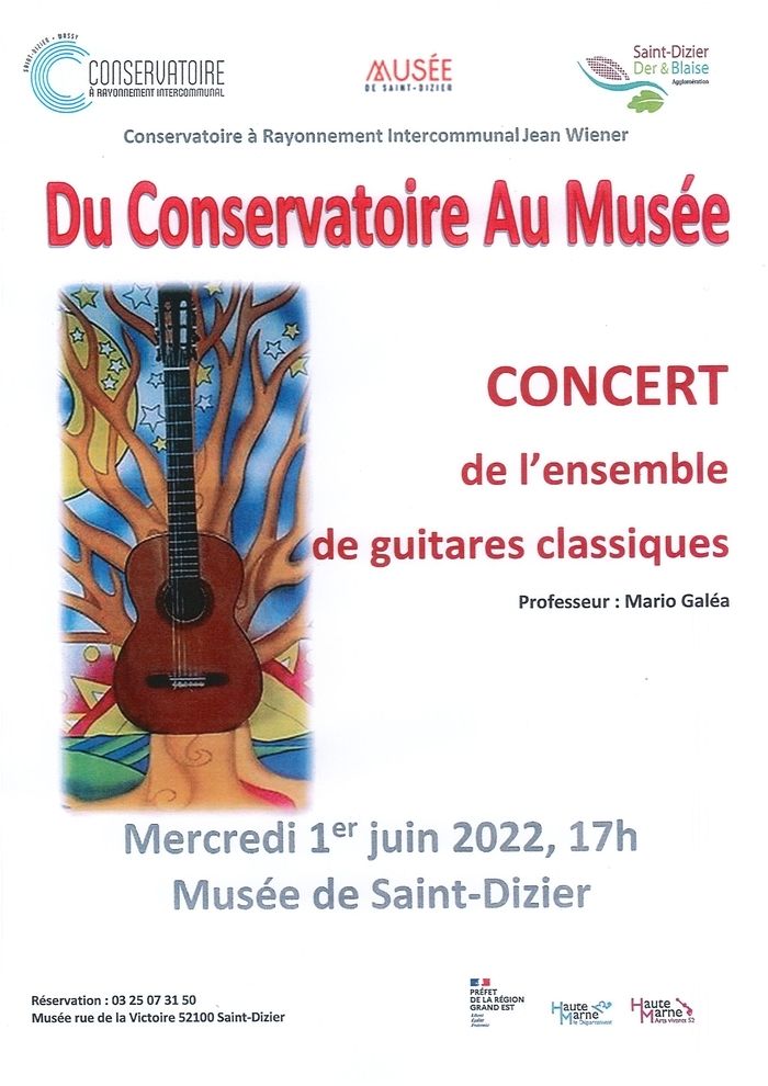 Venez découvrir les collections du Musée avec l'ensemble de guitares classiques du Conservatoire ! De Koji Kondo (Super Mario) à Ariel Ramirez un voyage musical et pictural.