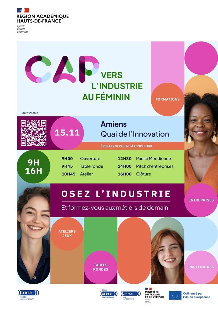 le Greta Somme, la région académique des Hauts-de-France et le GIP FCIP de Lille, vous donnent rendez-vous au Quai de l’Innovation, à Amiens, pour son événement « Cap vers l’Industrie au Féminin »