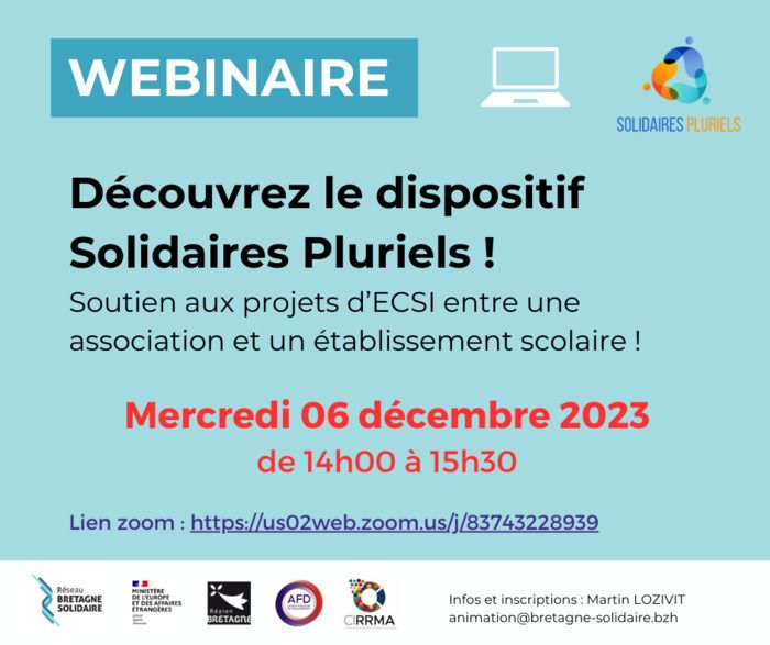 Le réseau Bretagne Solidaire présente le dispositif Solidaires Pluriels, mercredi 06 décembre à 14h00 [en ligne]. Un webinaire spécial projets d'ECSI en milieu scolaire.