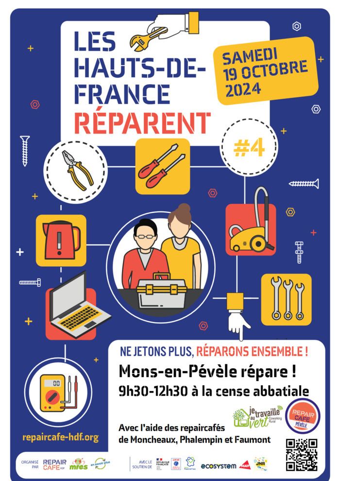 1er repair café de Mons-en-Pévèle avec l'aide des repaircafés locaux de Moncheaux, Phalempin et Faumont ainsi que l'association Repaircafé en Pévèle