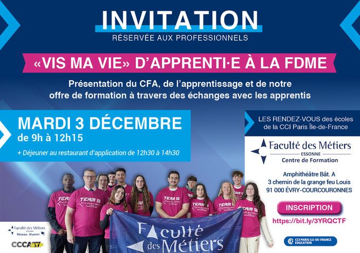 La Faculté des Métiers de l'Essonne a le plaisir d'inviter les professionnels de l'enseignement ou de l'orientation à la matinée "Vis ma vie" d'apprenti·e à la FDME.