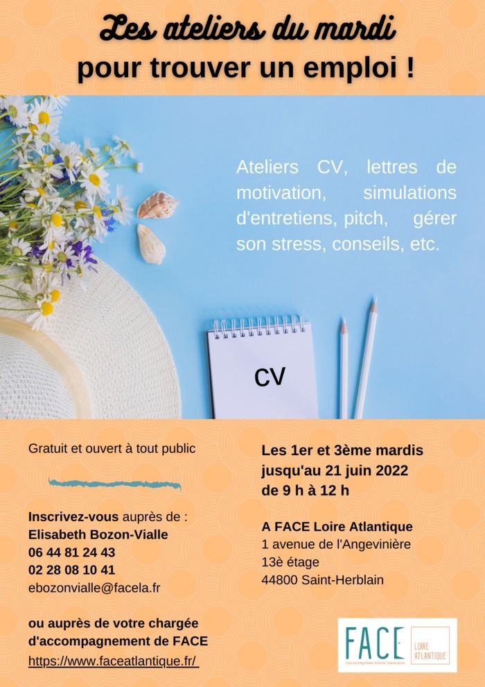 FACE Loire Atlantique vous propose des ateliers pour répondre à votre besoin du moment : simulation d' entretien, coup de pouce pour une lettre de motivation, entretien de mise au point...