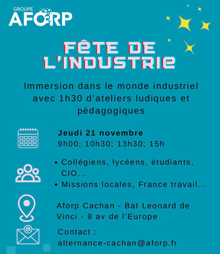 Une immersion d’1h30 dans le monde industriel avec des ateliers ludiques et pédagogiques pour découvrir un monde d’opportunités. Vous pourrez échanger avec nos formateurs et les jeunes en formation.