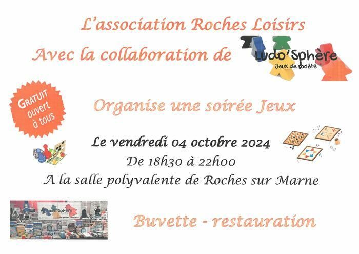 L'association Roches Loisirs, avec la collaboration de Ludo'Sphère, organise une soirée jeux