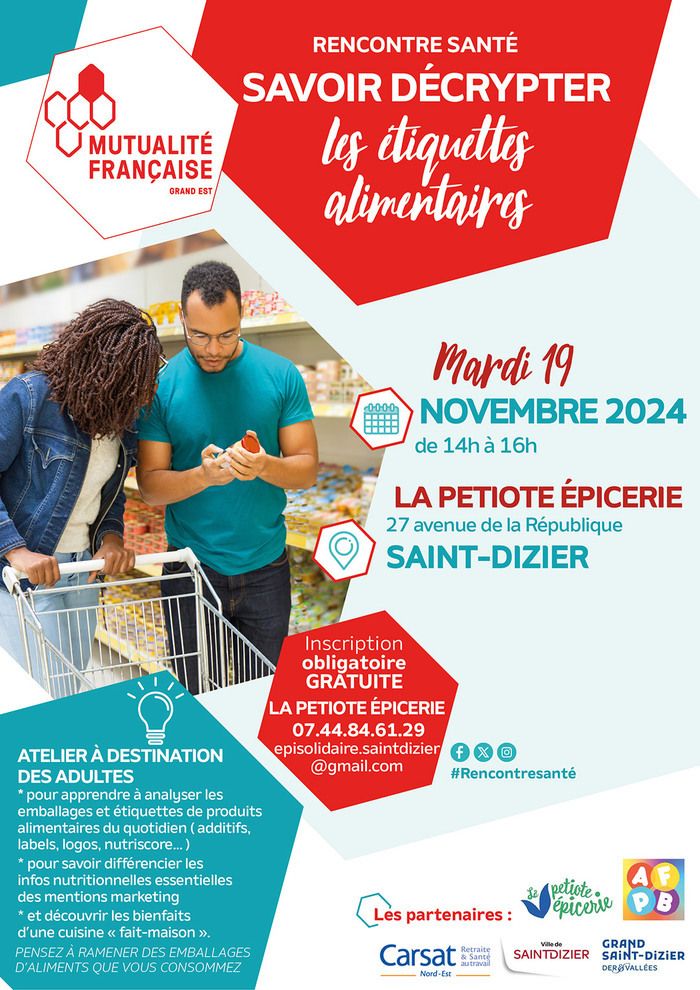 Atelier santé pour apprendre à analyser les emballages et étiquettes des produits alimentaires et mieux comprendre leurs informations nutritionnelles. Gratuit, inscription obligatoire.