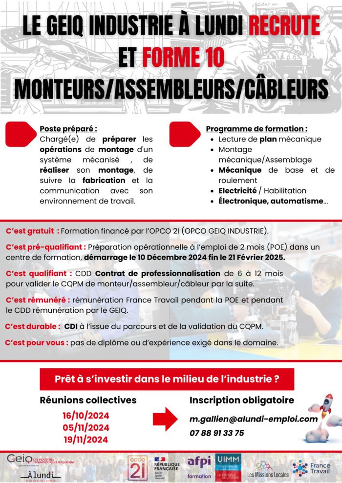 Cette réunion a pour but d'expliquer qui est le GEIQ INDUSTRIE, de faire découvrir le métier de monteur/assembleur/câbleur (H/F) et de présenter le programme de formation qui aura lieu sur 2 mois.