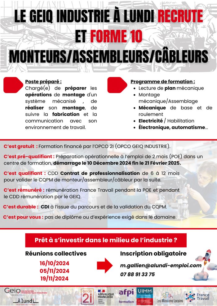 Cette réunion a pour but d'expliquer qui est le GEIQ INDUSTRIE, de faire découvrir le métier de monteur/assembleur/câbleur (H/F) et de présenter le programme de formation qui aura lieu sur 2 mois.