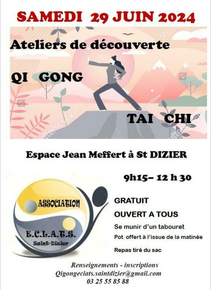 Une matinée découverte du Qi Gong et du Tai Chi  est proposée gratuitement à l'espace Jean Meffert.
    Se munir d'un tabouret.
    Pot offert à l'issue de la matinée.
    Repas tiré du sac.