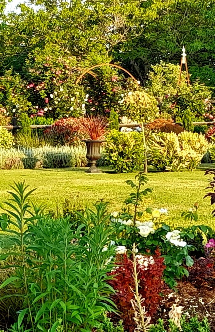 Spaziergang durch einen Garten im englischen Stil, wo Sie viele Pflanzen und Dekorationsgegenstände entdecken können