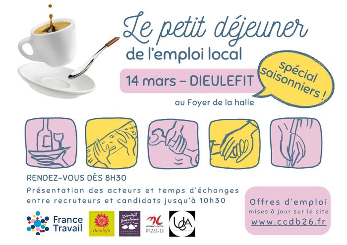 Moment convivial entre candidats, recruteurs et partenaires de l'emploi pour échanger autour d'un café des emplois à pourvoir localement et pour la saison touristique notamment.