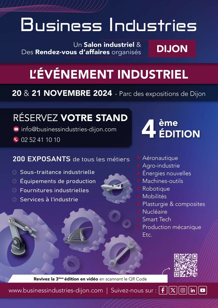 Placée sous le signe de l’innovation, du business, de l’emploi le salon Business Industries Dijon se déroulera les mercredi 20 et jeudi 21 novembre 2024 au Parc des Expositions de Dijon.