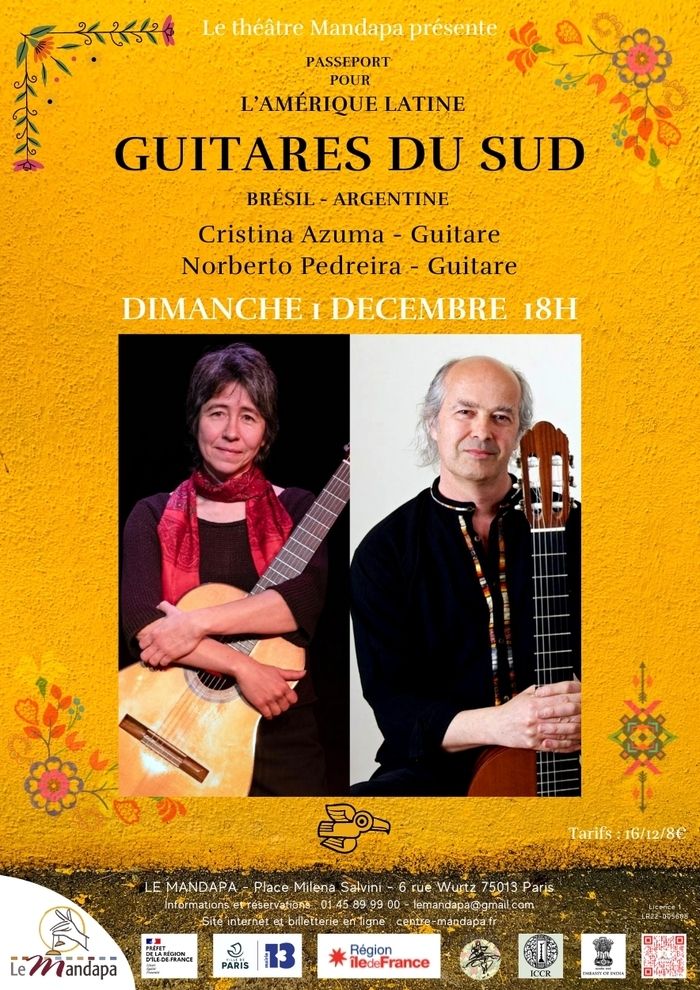 Rencontre de deux guitaristes sud-américains qui nous transportent dans leurs univers sonores et leurs expériences tout en subtilité. Un voyage vers le sud, entre compositions et musiques populaires.