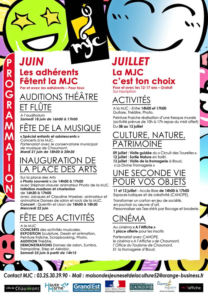 Venez fêter la fin de saison avec les adhérents de la MJC pendant le mois de juin. Des évènements ouverts à tous, de qualité et riche en convivialité. Un début d'été spécial 12 - 17 ans.