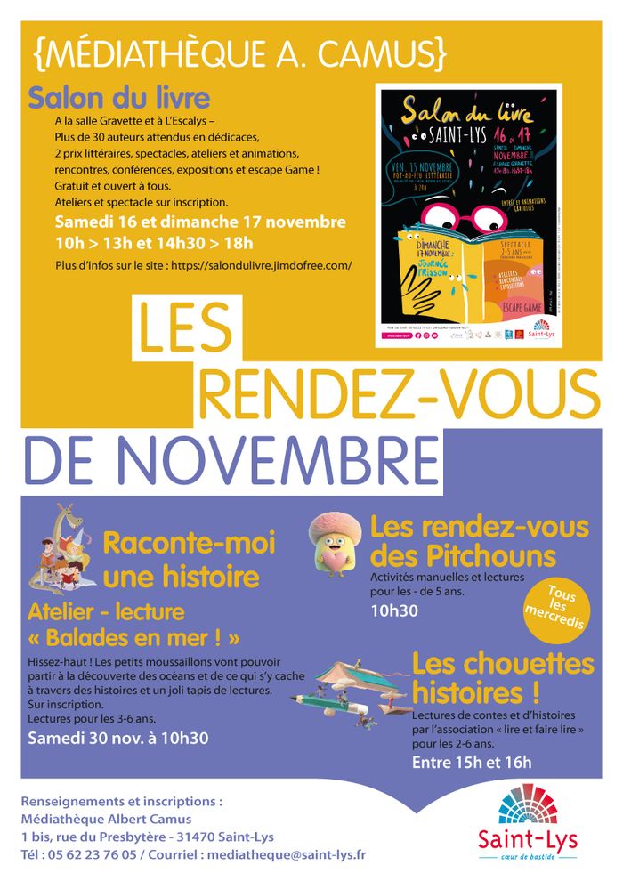 En novembre, la médiathèque Albert Camus, vous convie au salon du livre à la Gravette et propose aux plus jeunes des histoires et des activités manuelles à la médiathèque tout au long du mois.