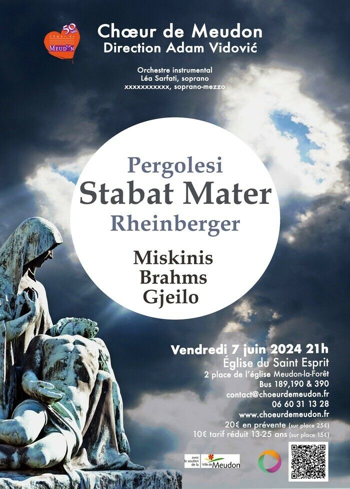 Les 90 choristes du chœur de Meudon interprètent cette année deux très beaux Stabat Mater  : Celui de JB Pergolèse et celui de J Rheinberger.