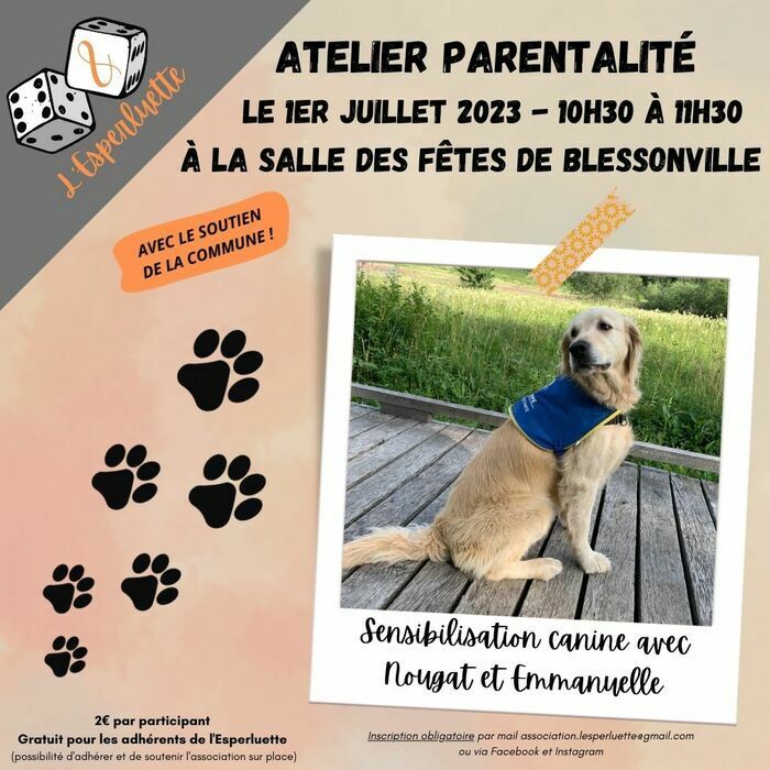 Atelier parents-enfants pour une sensibilisation canine en présence de Nougat, chien éduqué pour travailler avec des personnes porteuses de handicap