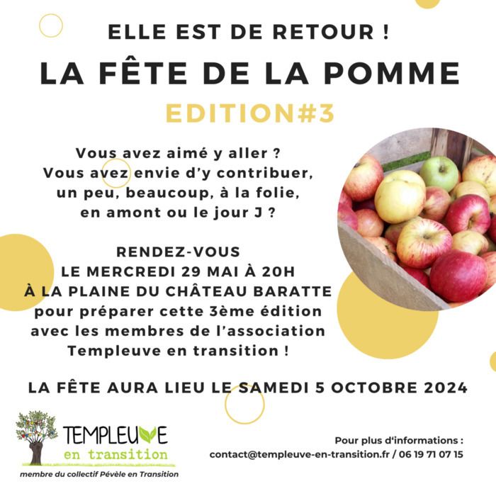 Une nouvelle édition de notre fête de la pomme aura lieu le 05 octobre, vous souhaitez participer à sa préparation, rendez-vous le 29 mai sur la plaine du château Baratte