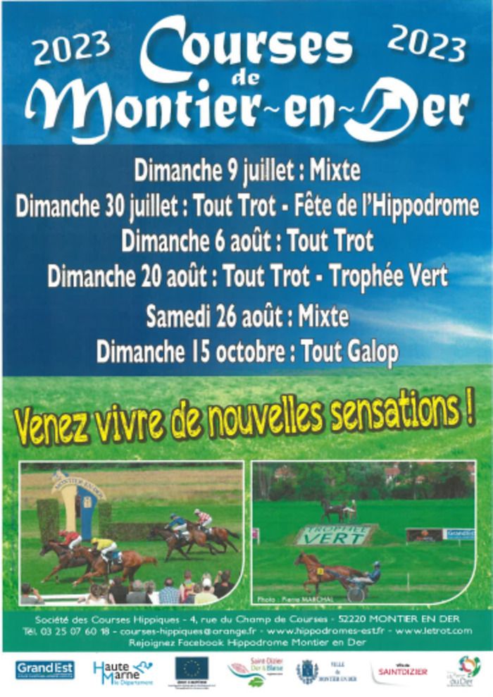 Venez passer un excellent moment sur l'hippodrome de Montier en Der, pour parier, admirer les chevaux, profiter de l'ambiance, des animations pour adultes et enfants, n'hésitez plus et à bientôt