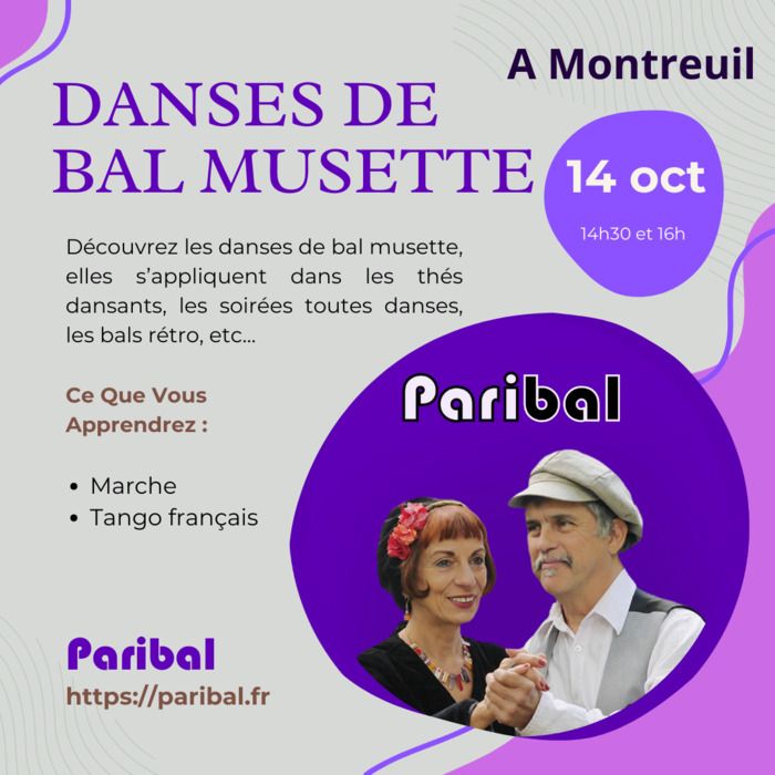 Deux ateliers de danses de bal musette : un pour travailler la marche et le guidage, le second portera sur le tango français. Les ateliers sont suivis d'une pratique libre.