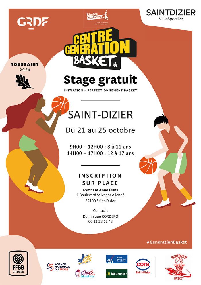 Stage gratuit d'initiation et de perfectionnement au basket pour les jeunes de 8 à 17 ans, organisé à Saint-Dizier du 21 au 25 octobre.