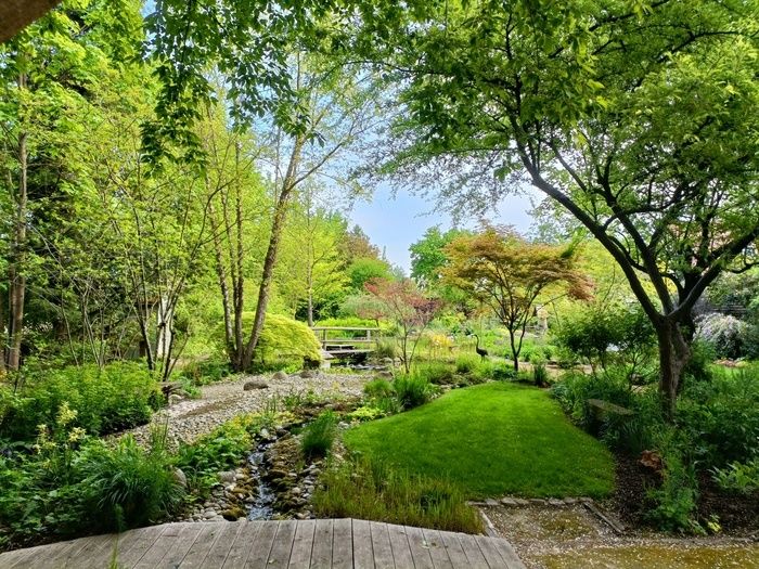 In diesem Garten, wo die Natur zu einem poetischen Bild wird, eine sanfte und schattige Gasse, die sich zwischen den Massiven mit verschiedenen Farbkombinationen windet.