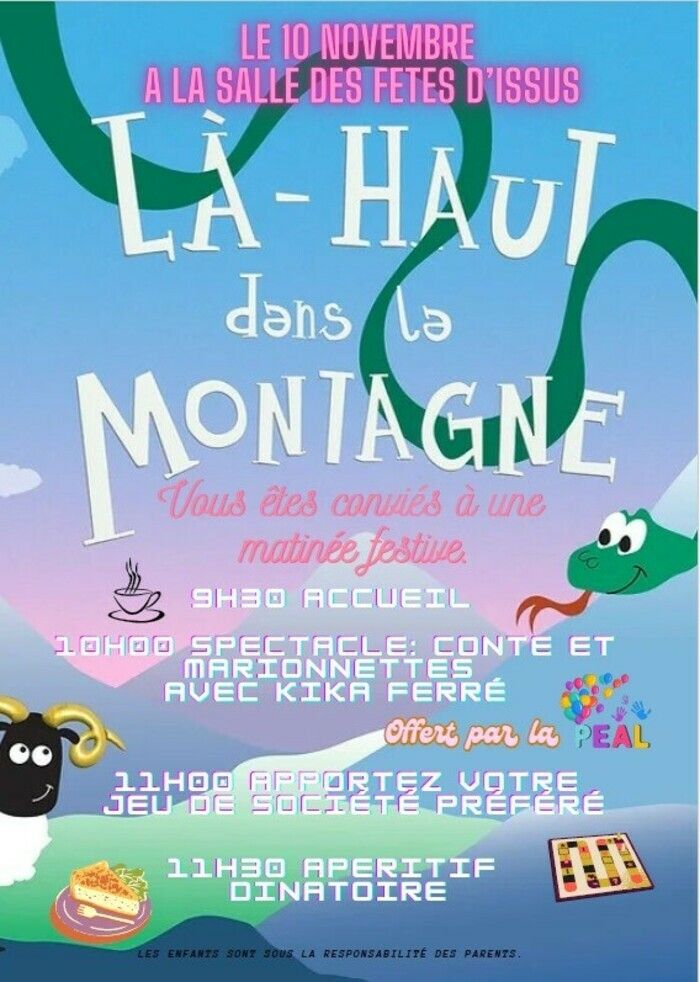 La PEAL (association des parents d'élèves du RPI Issus-Noueilles-Pouze-Espanes) invite à une matinée contes et jeux de société le dimanche 10 novembre à la salle des fêtes d'Issus.