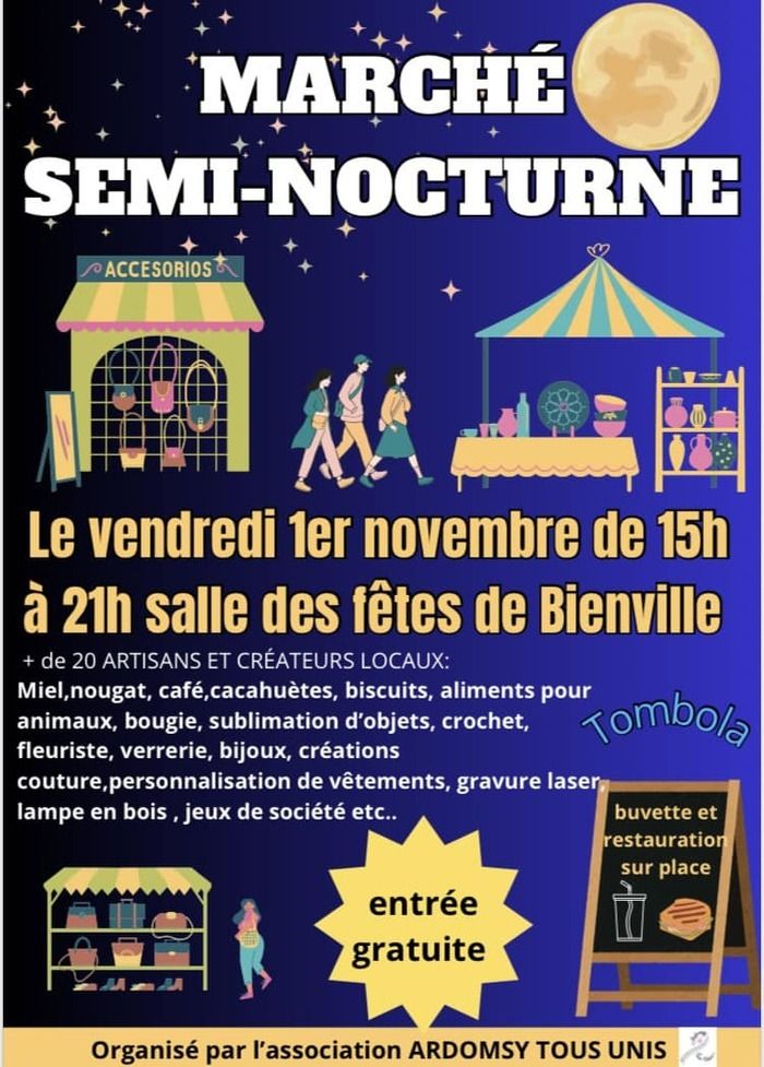 Marché semi-nocturne à Bienville avec plus de 20 artisans locaux : miel, nougat, café, créations diverses. Tombola, buvette et restauration sur place. Entrée gratuite.